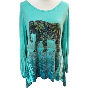 Poliana Plus Green Top XL Elephant Design Long Sleeve Flowy Stretchy